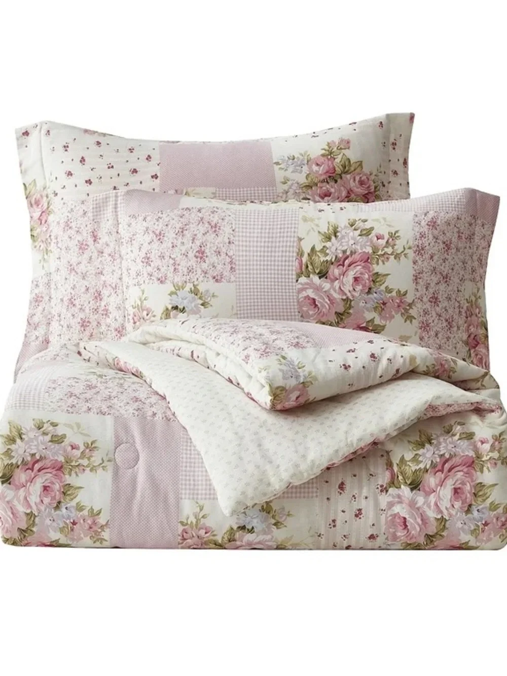Floral Patchwork Pink Queen 3 pieceQuilted Comforter Set